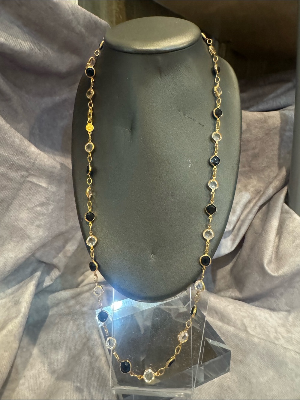 Krystals by Bellagio Long Necklace‎ with Bezel Set Black and Clear Stones -27 in